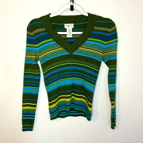 Vintage Y2K St.John’s Bay V-Neck Striped Green Sweater Petite Small - Picture 1 of 5